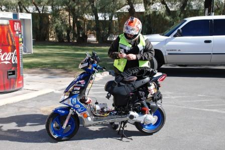 Scootermeister, Kymco S9 70cc Malossi, 3rd Overall/1st Place 125cc Class. Mailing mandatory postcard to MSILSF. US Post Office, Furnace Creek, Death Valley, California.